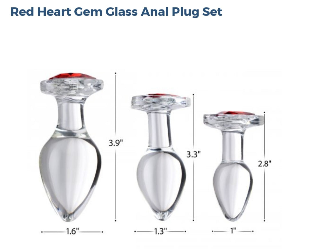 Booty Sparks Red Heart ❤ ❣ Gem Glass Anal Plug 3 Piece Set